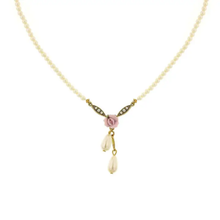 Load image into Gallery viewer, Porcelain Rose &amp; Faux Pearl Strand Drop Pendant Necklace