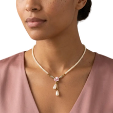 Load image into Gallery viewer, Porcelain Rose &amp; Faux Pearl Strand Drop Pendant Necklace